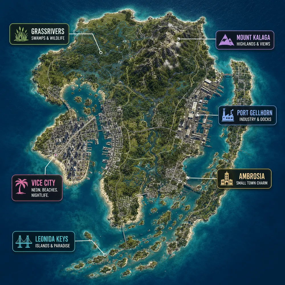 Mappa di GTA 6 di Leonida: Vice City, Port Gellhorn, Mount Kalaga, Grassrivers, Ambrosia e Leonida Keys